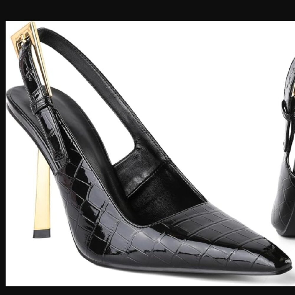 90s Minimalism Black Crocodile Slingback Heel Stiletto Size 7, CBK Style - Picture 8 of 8